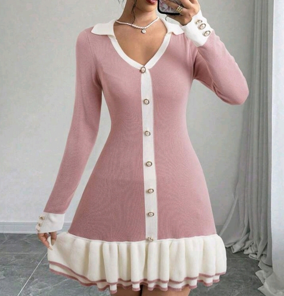 Dresses & Skirts - Women's Autumn/Winter Color Block Collar Single Breasted Ruffle Hem